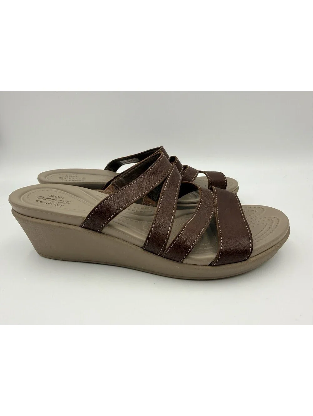 Crocs Women’s Brown/Taupe Strappy Wedge Slide Sandals Cushioned Comfort 6